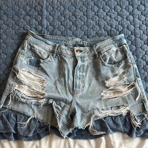 American Eagle Outfitters Blue Jean Shorts with Distressed Details